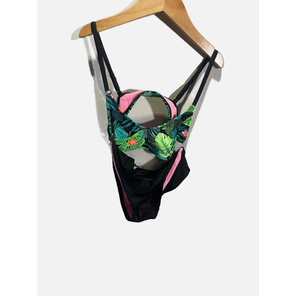 Art Class Bikini Swimsuit Girls Size M 8 Black Tropical Palm Floral Two Piece